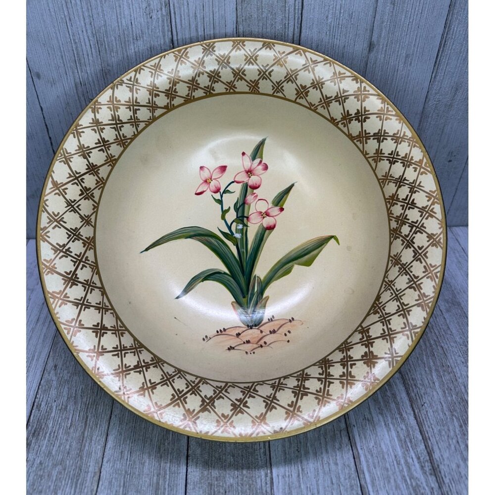 Vtg Ceramic Fruit Bowl Pink Floral Decor Gold Colored Geometric 9.75" DIA